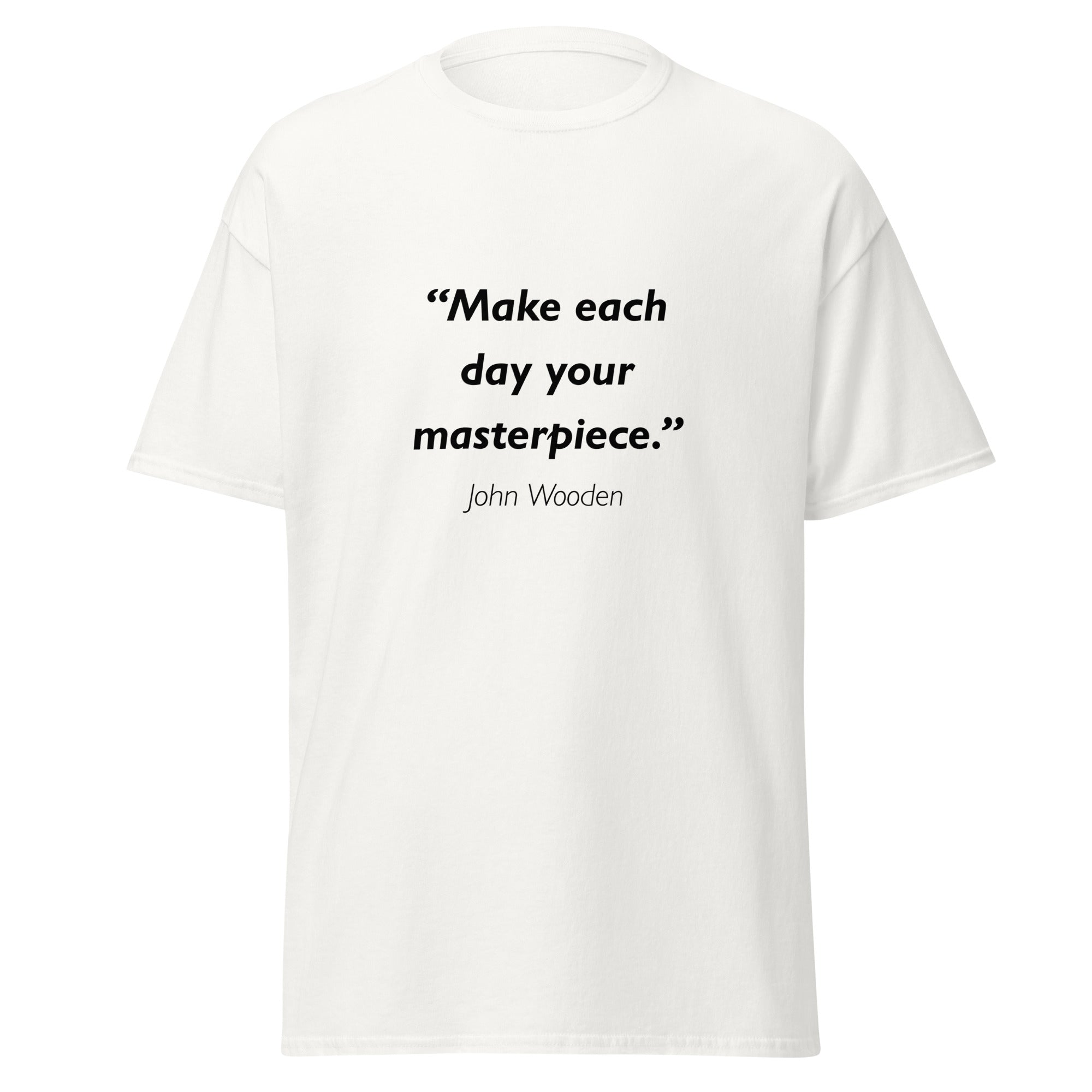Unisex heather gray t-shirt featuring John Wooden Masterpiece quote typography printed across the front chest