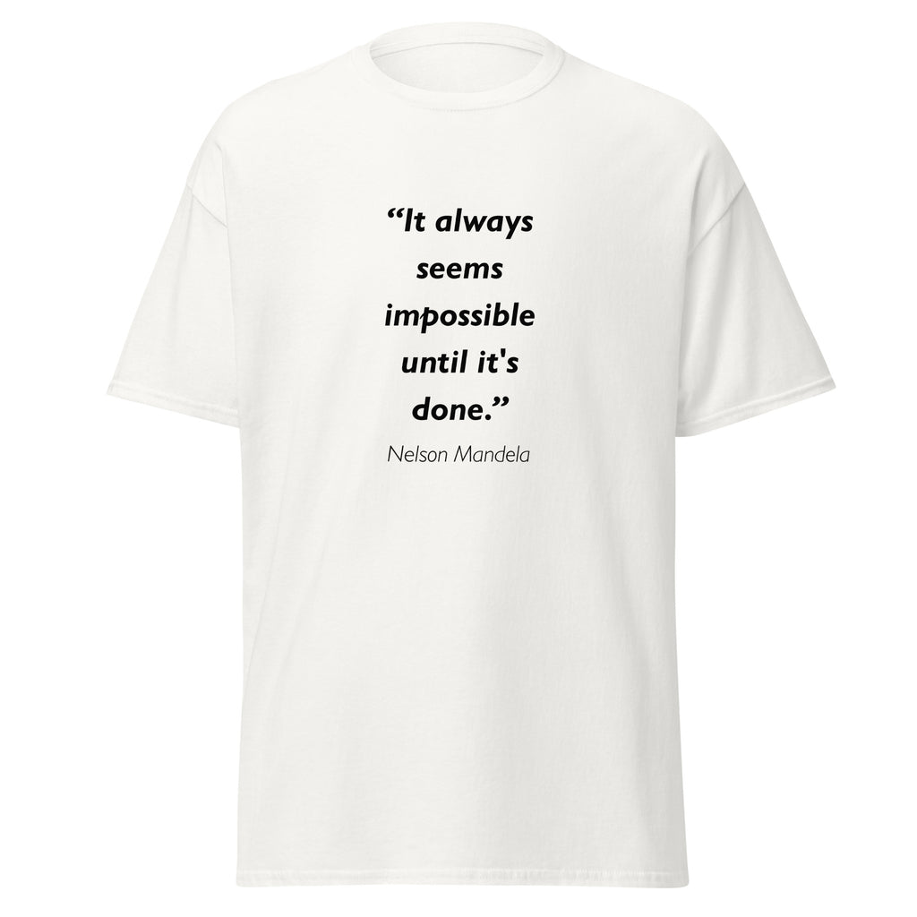 Unisex black t-shirt featuring Nelson Mandela Impossible quote typography printed across the front chest