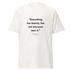 Unisex black t-shirt featuring Confucius Beauty quote typography printed across the front chest