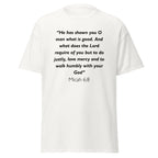 Unisex heather gray t-shirt with Micah 6:8 Bible verse printed across the chest