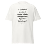 Unisex heather gray t-shirt with Isaiah 1:17 Bible verse printed across the chest