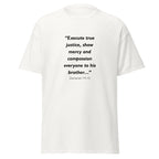 Unisex black t-shirt with Zechariah 7:9-10 Bible verse printed across the chest