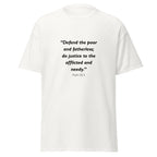 Unisex heather gray t-shirt with Psalm 82:3 Bible verse printed across the chest