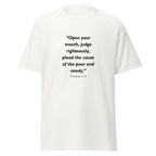 Unisex black t-shirt with Proverbs 31:9 Bible verse printed across the chest