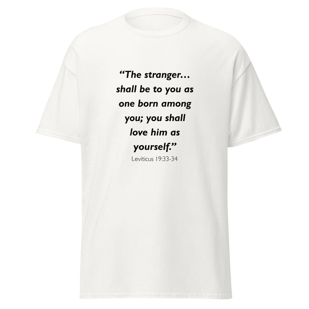 Unisex heather gray t-shirt with Leviticus 19:33-34 Bible verse printed across the chest