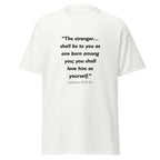 Unisex heather gray t-shirt with Leviticus 19:33-34 Bible verse printed across the chest