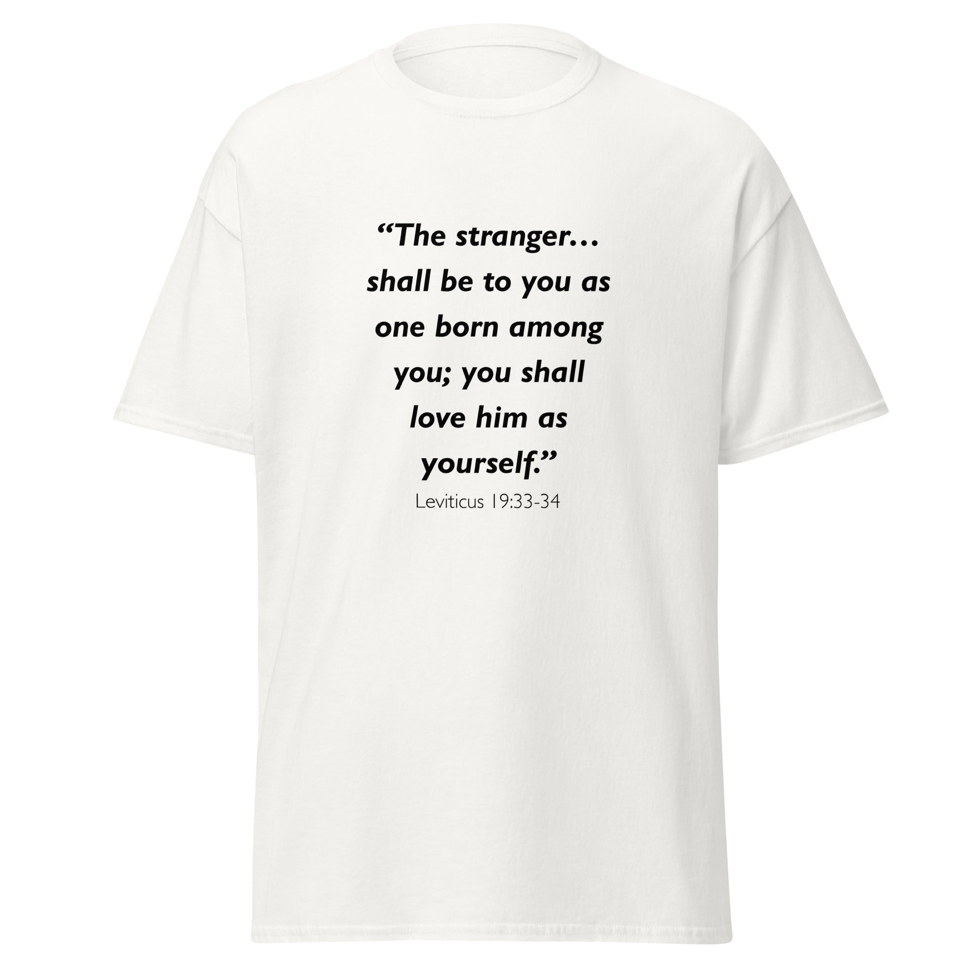 Unisex heather gray t-shirt with Leviticus 19:33-34 Bible verse printed across the chest