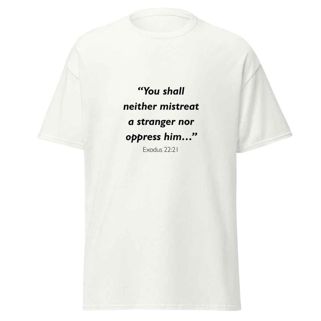 Unisex heather gray t-shirt with Exodus 22:21 Bible verse printed across the chest