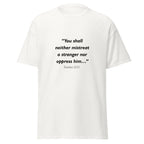 Unisex heather gray t-shirt with Exodus 22:21 Bible verse printed across the chest