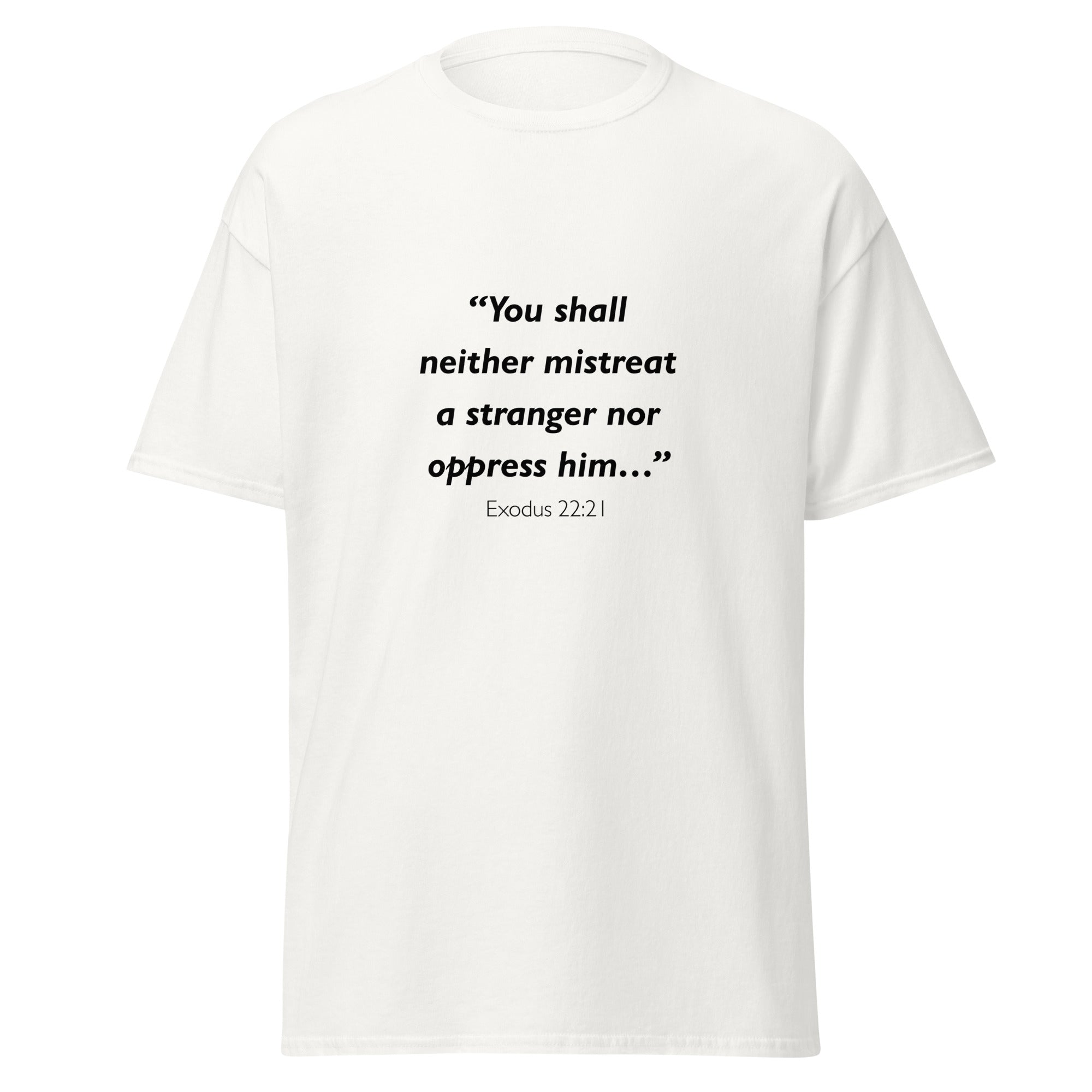 Unisex heather gray t-shirt with Exodus 22:21 Bible verse printed across the chest