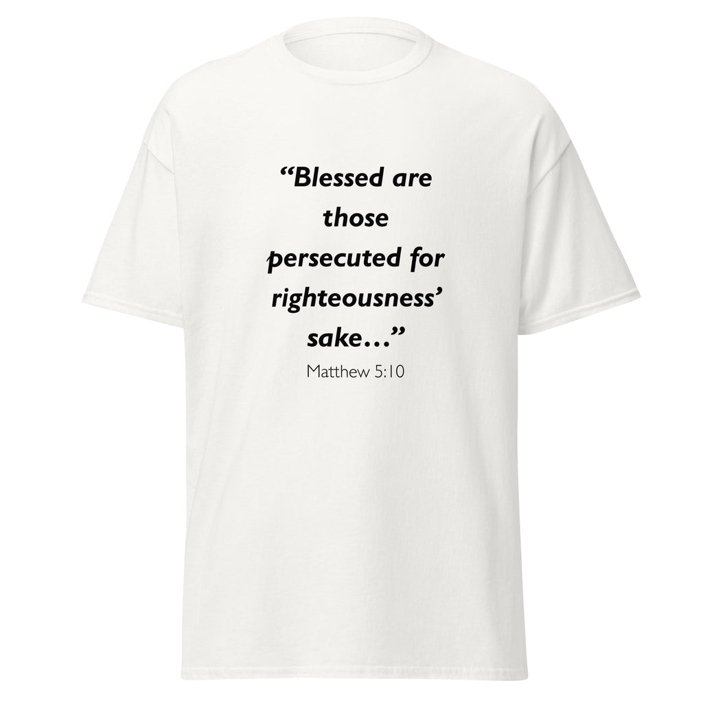 Unisex black t-shirt with Matthew 5:10 Bible verse printed across the chest