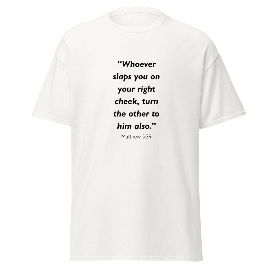 Unisex heather gray t-shirt with Matthew 5:39 Bible verse printed across the chest