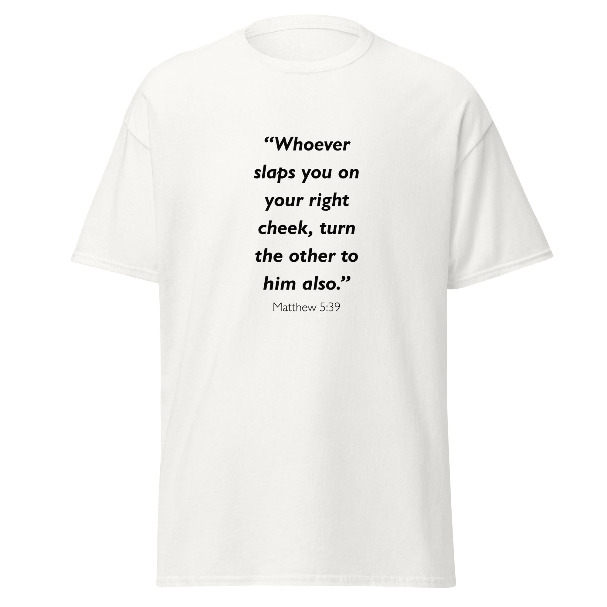 Unisex heather gray t-shirt with Matthew 5:39 Bible verse printed across the chest