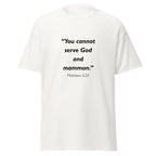 Unisex black t-shirt with Matthew 6:24 Bible verse printed across the chest