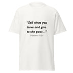 Unisex heather gray t-shirt with Matthew 19:21 Bible verse printed across the chest