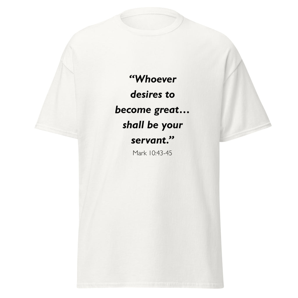 Unisex black t-shirt with Mark 10:43-45 Bible verse printed across the chest