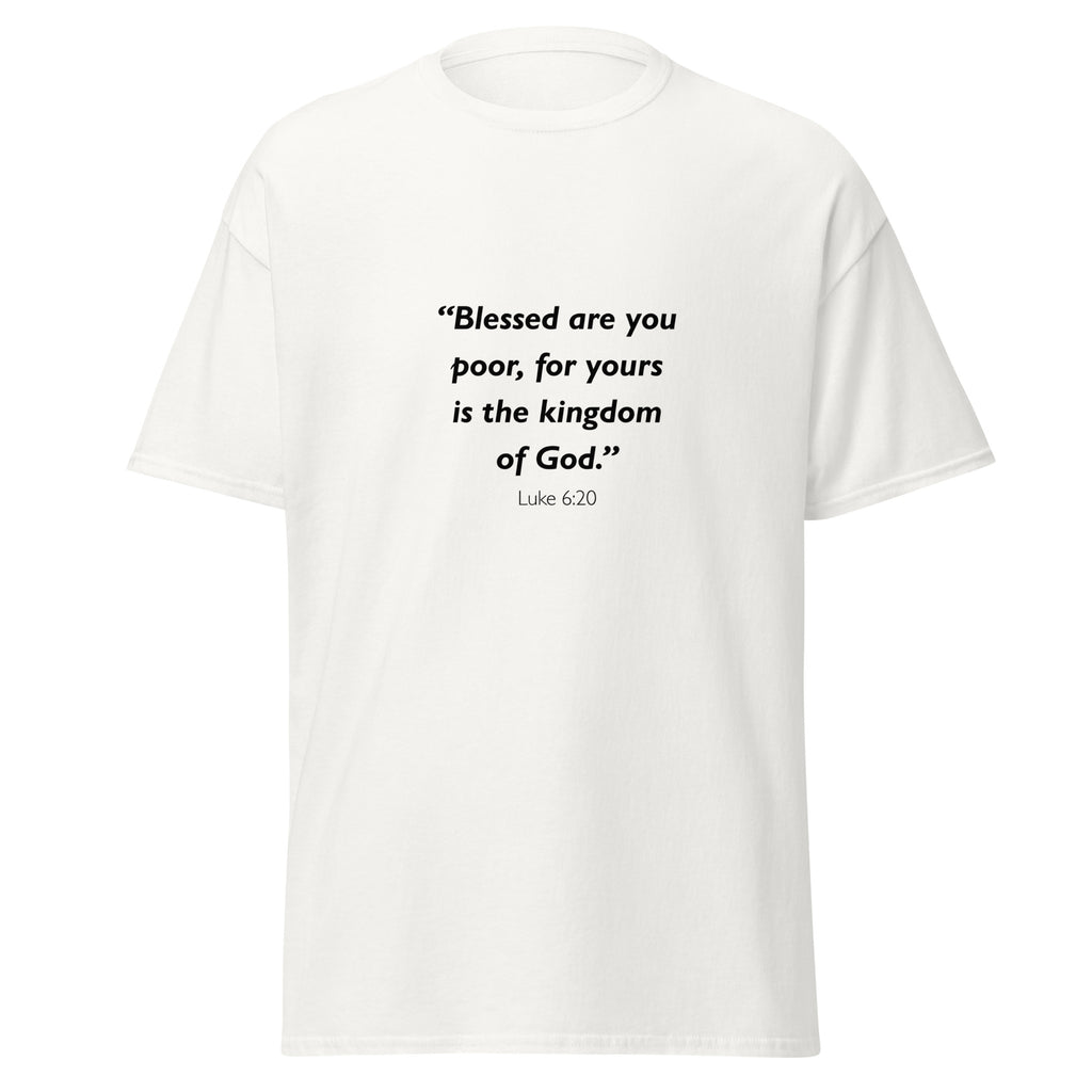 Unisex black t-shirt with Luke 6:20 Bible verse printed across the chest