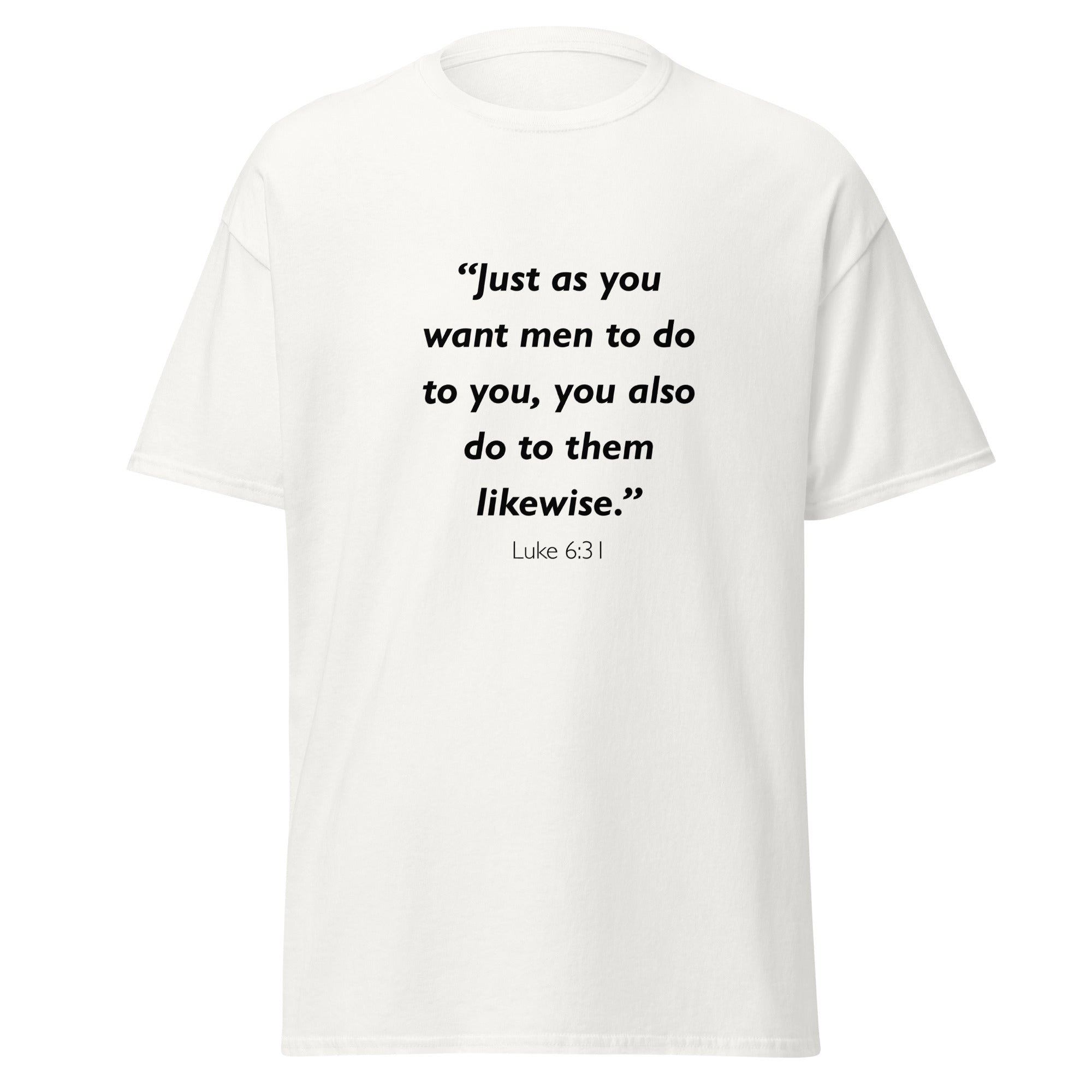 Unisex heather gray t-shirt with Luke 6:31 Bible verse printed across the chest