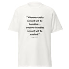 Unisex black t-shirt with Luke 14:11 Bible verse printed across the chest