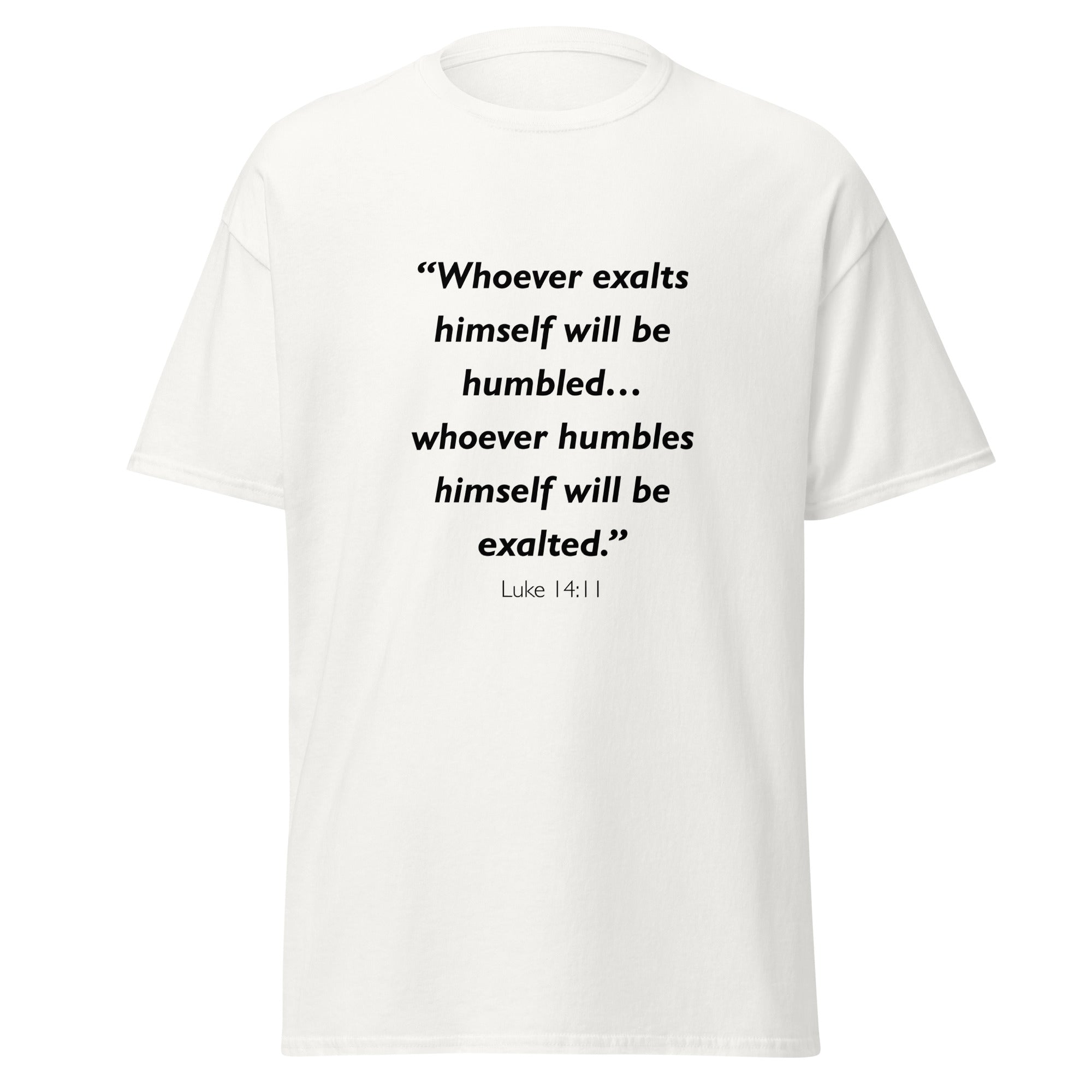 Unisex black t-shirt with Luke 14:11 Bible verse printed across the chest