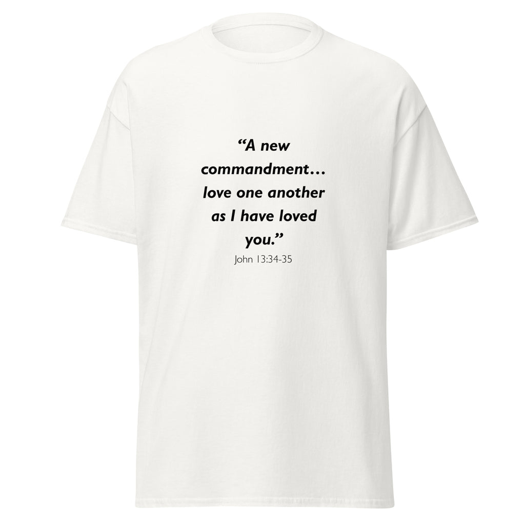 Unisex black t-shirt with John 13:34-35 Bible verse printed across the chest