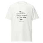 Unisex black t-shirt with John 13:34-35 Bible verse printed across the chest
