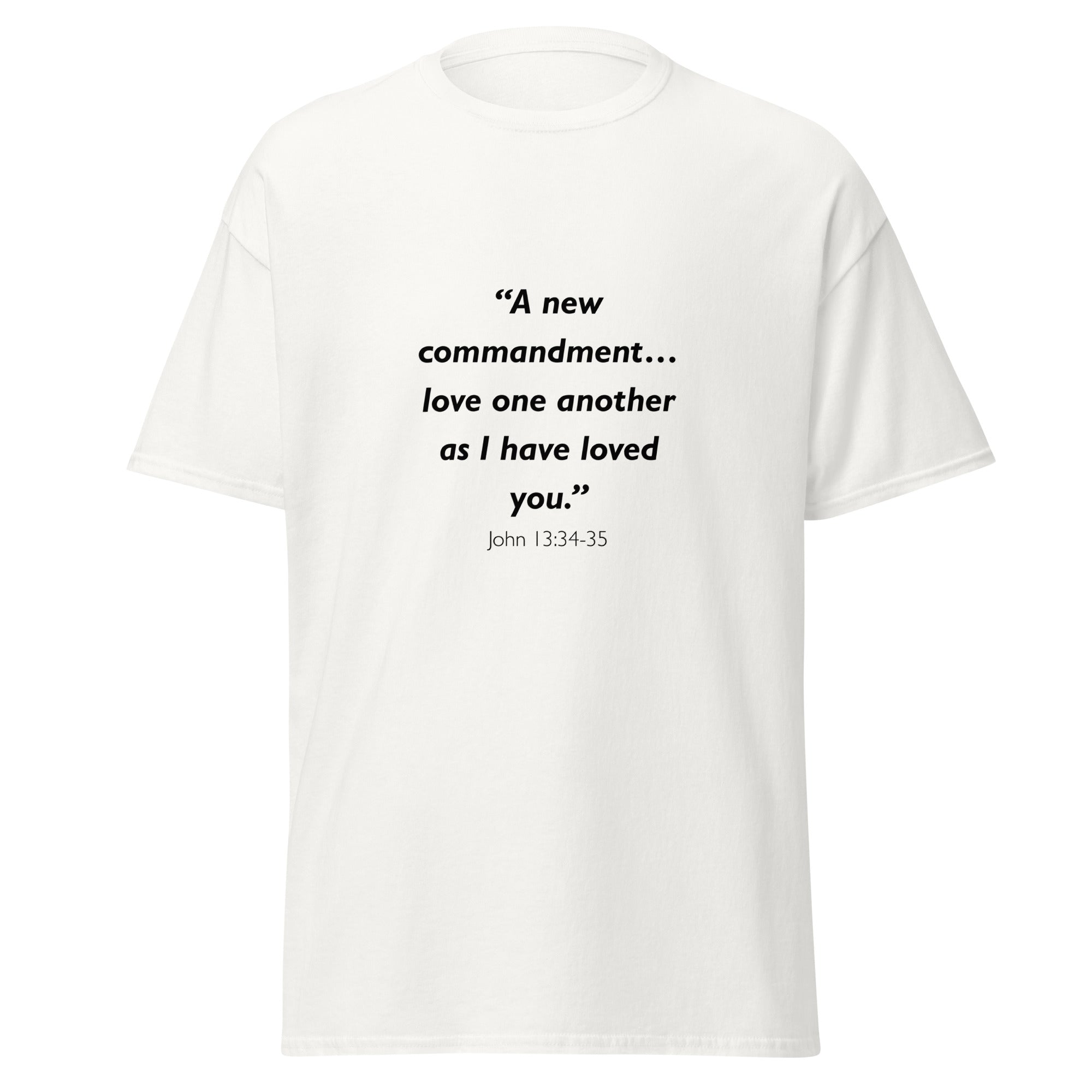 Unisex black t-shirt with John 13:34-35 Bible verse printed across the chest