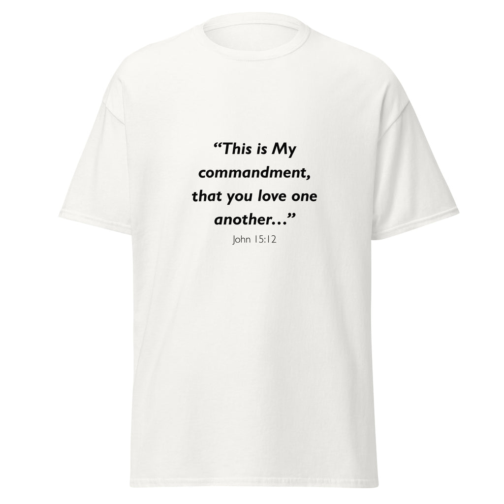 Unisex black t-shirt with John 15:12 Bible verse printed across the chest