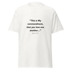 Unisex black t-shirt with John 15:12 Bible verse printed across the chest