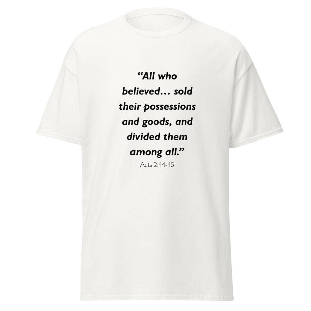 Unisex black t-shirt with Acts 2:44-45 Bible verse printed across the chest