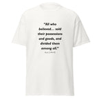 Unisex black t-shirt with Acts 2:44-45 Bible verse printed across the chest