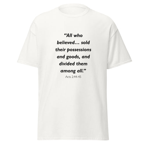 Unisex black t-shirt with Acts 2:44-45 Bible verse printed across the chest