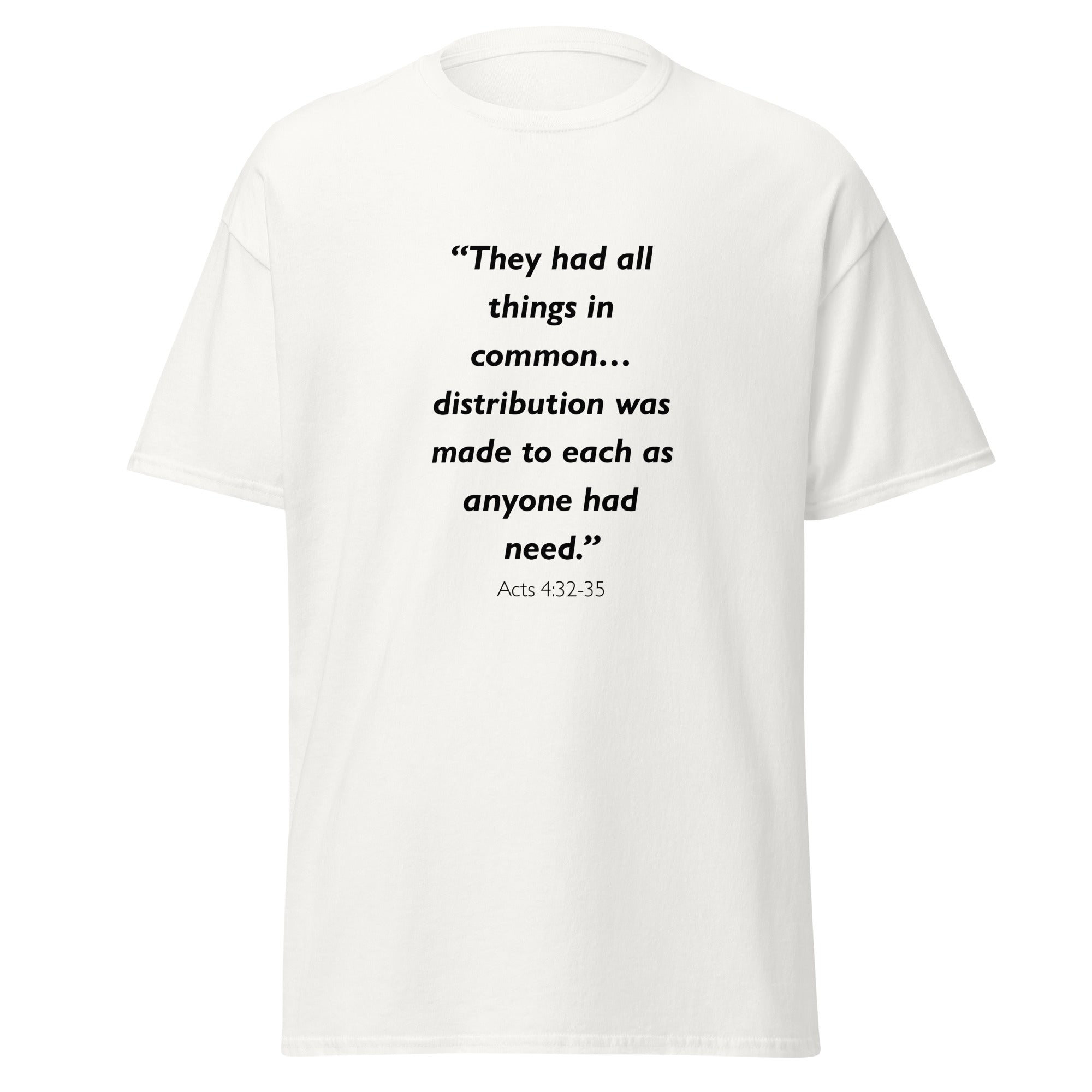 Unisex black t-shirt with Acts 4:32-35 Bible verse printed across the chest
