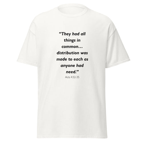 Unisex black t-shirt with Acts 4:32-35 Bible verse printed across the chest