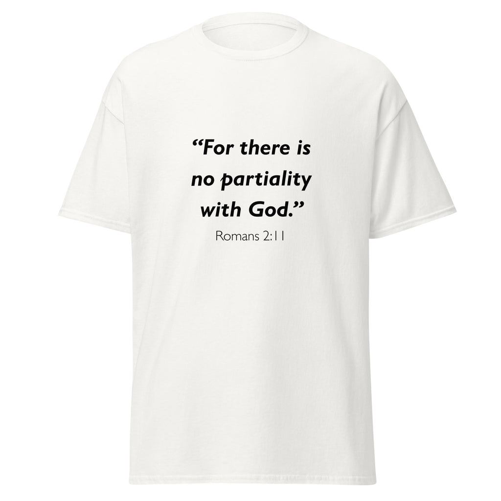 Unisex heather gray t-shirt with Romans 2:11 Bible verse printed across the chest
