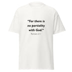 Unisex heather gray t-shirt with Romans 2:11 Bible verse printed across the chest