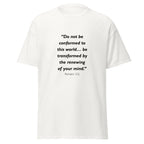 Unisex black t-shirt with Romans 12:2 Bible verse printed across the chest