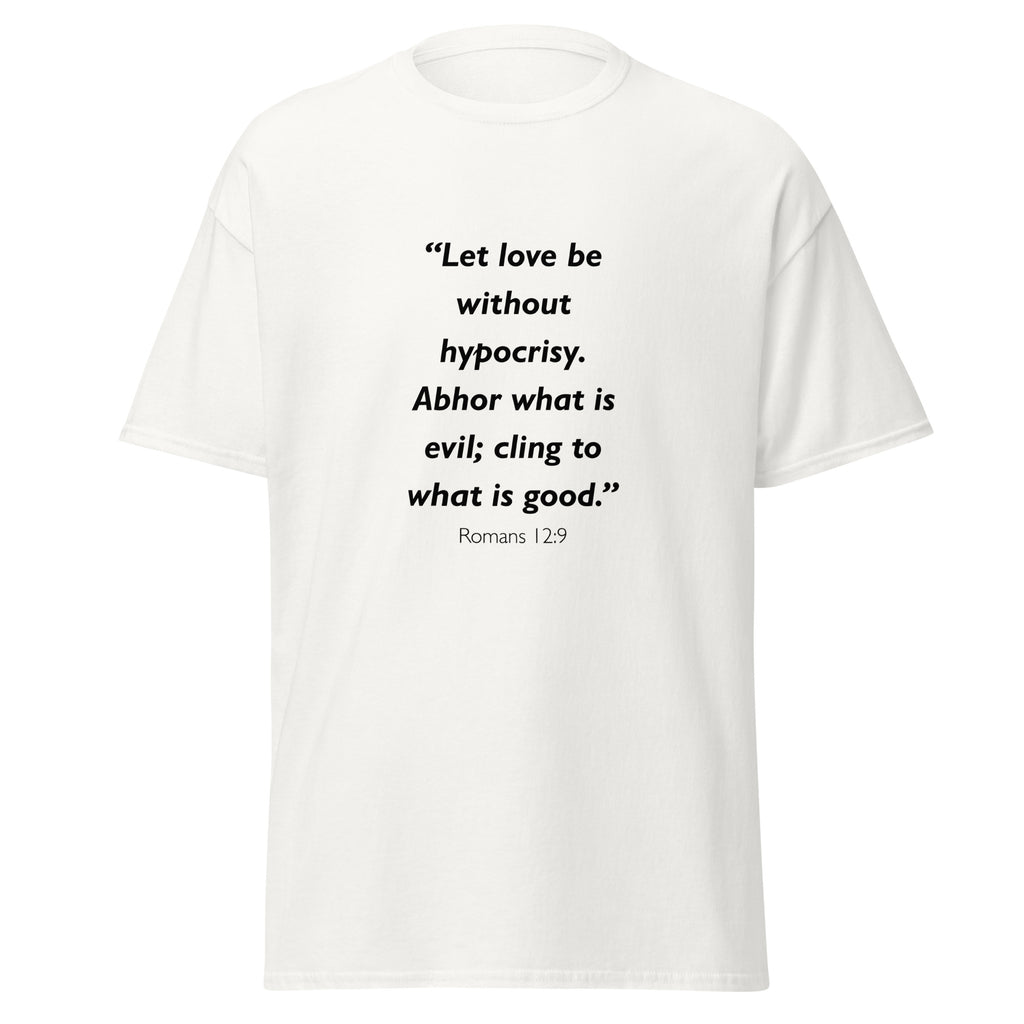 Unisex heather gray t-shirt with Romans 12:9 Bible verse printed across the chest