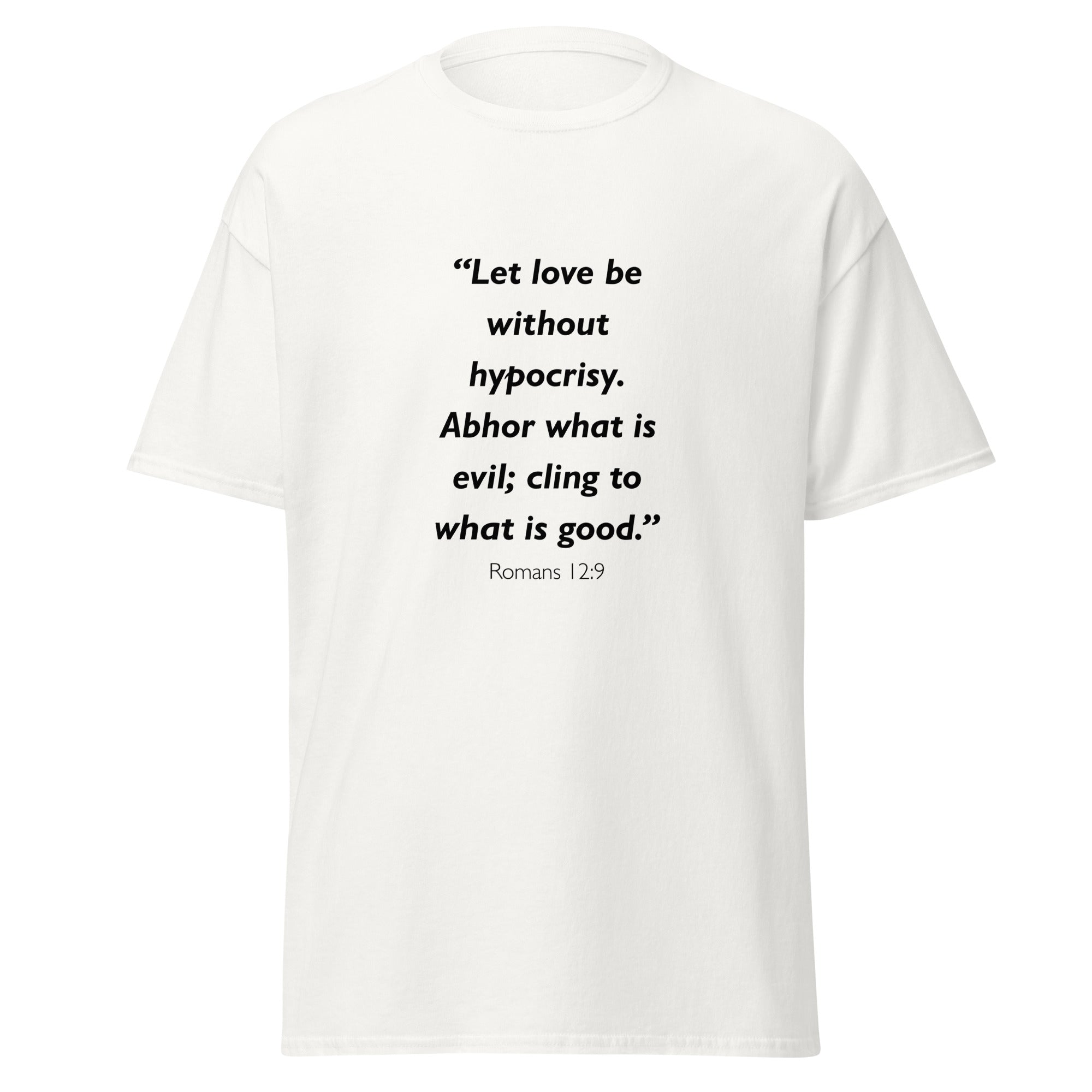 Unisex heather gray t-shirt with Romans 12:9 Bible verse printed across the chest