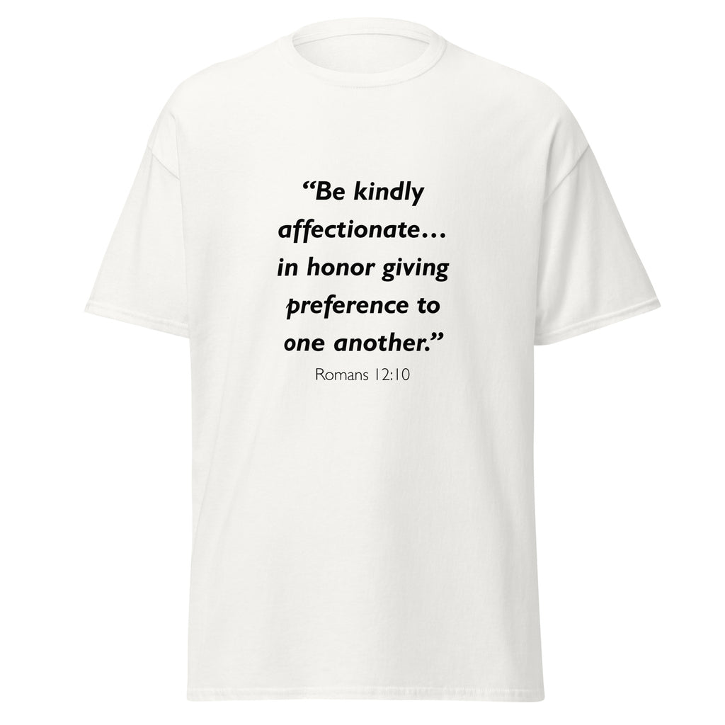 Unisex black t-shirt with Romans 12:10 Bible verse printed across the chest
