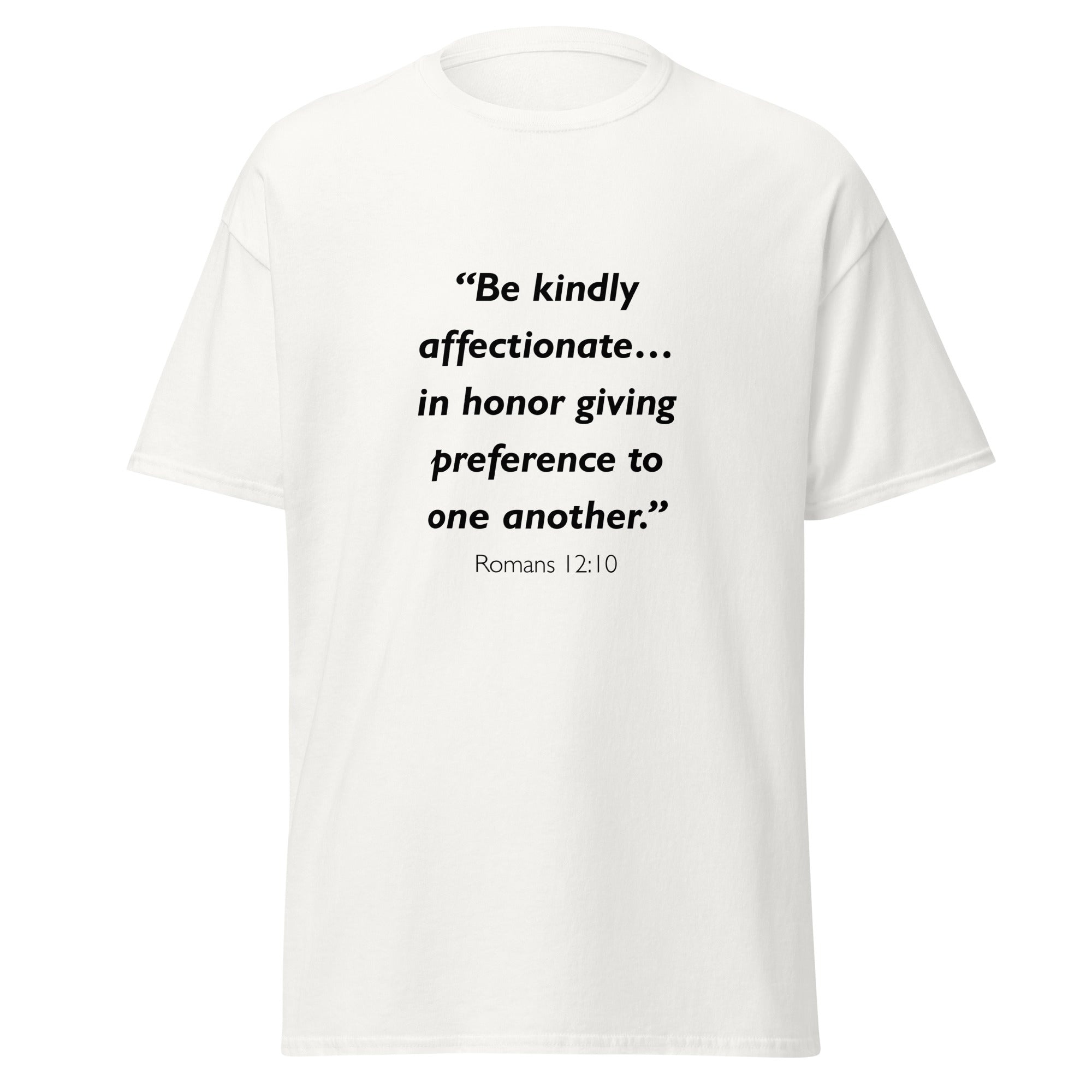 Unisex black t-shirt with Romans 12:10 Bible verse printed across the chest