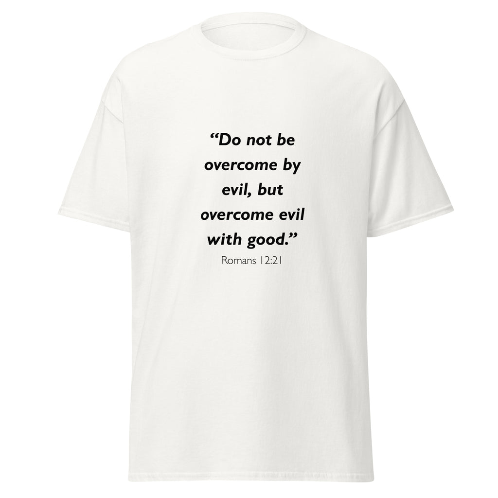 Unisex heather gray t-shirt with Romans 12:21 Bible verse printed across the chest