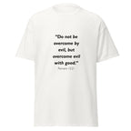 Unisex heather gray t-shirt with Romans 12:21 Bible verse printed across the chest