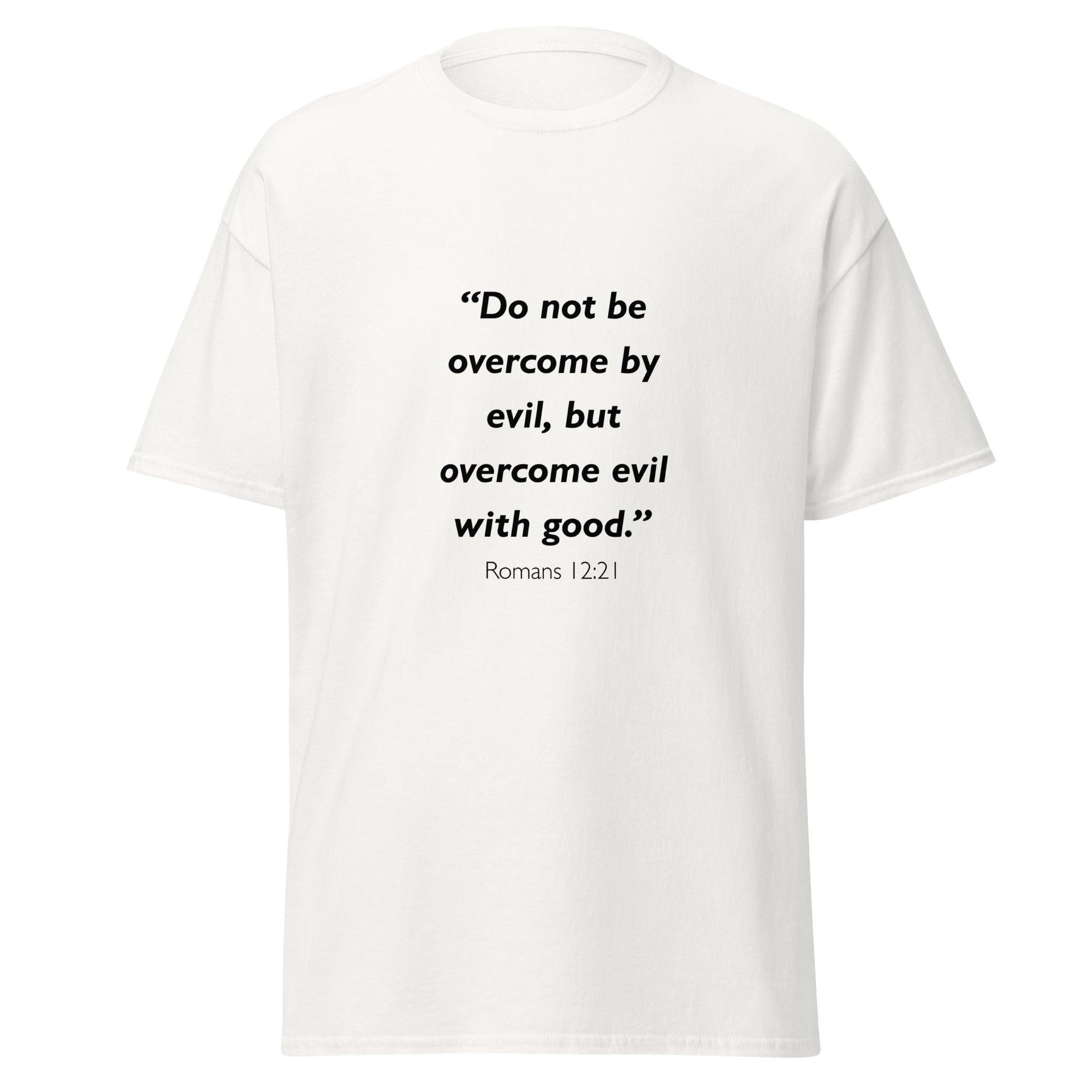Unisex heather gray t-shirt with Romans 12:21 Bible verse printed across the chest