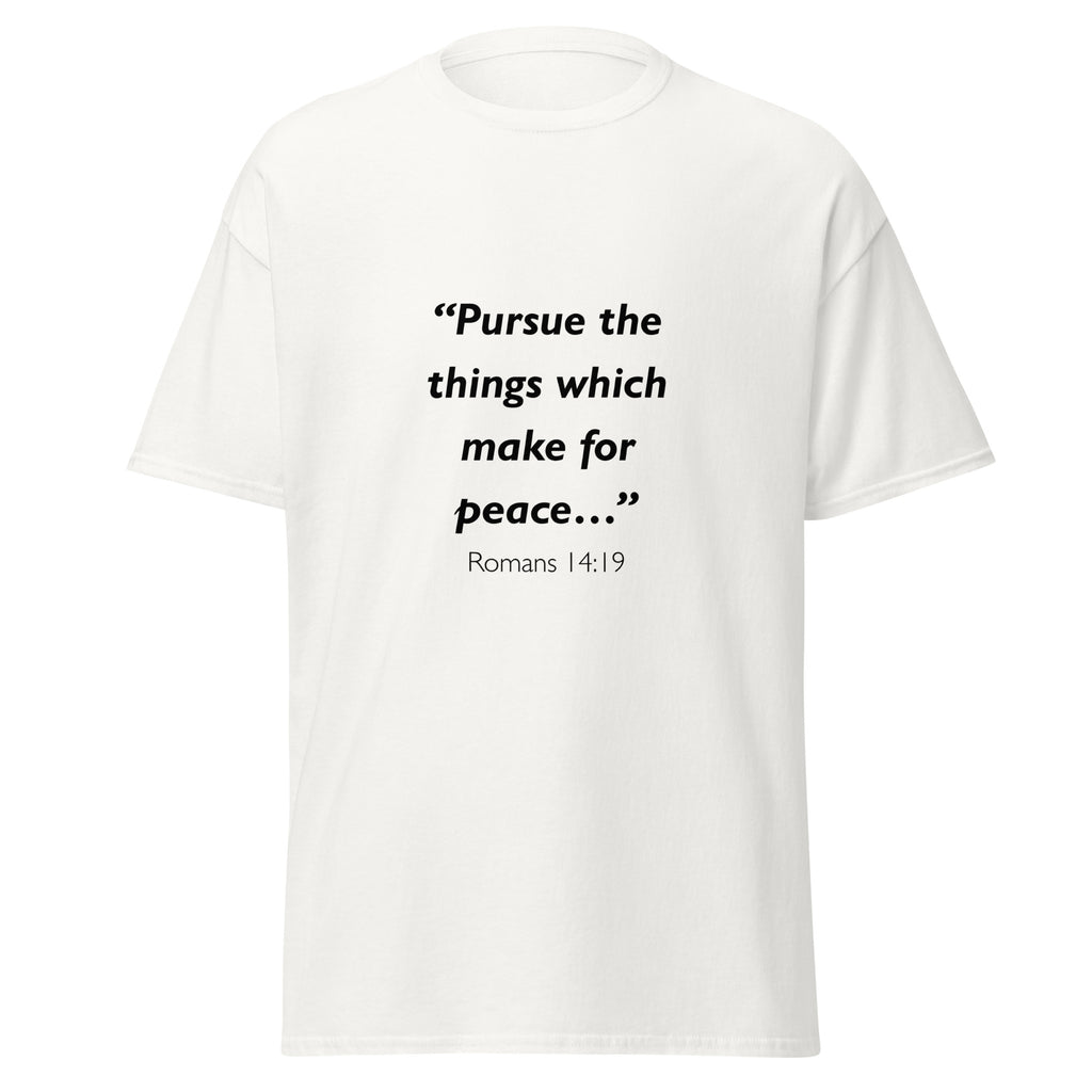 Unisex black t-shirt with Romans 14:19 Bible verse printed across the chest