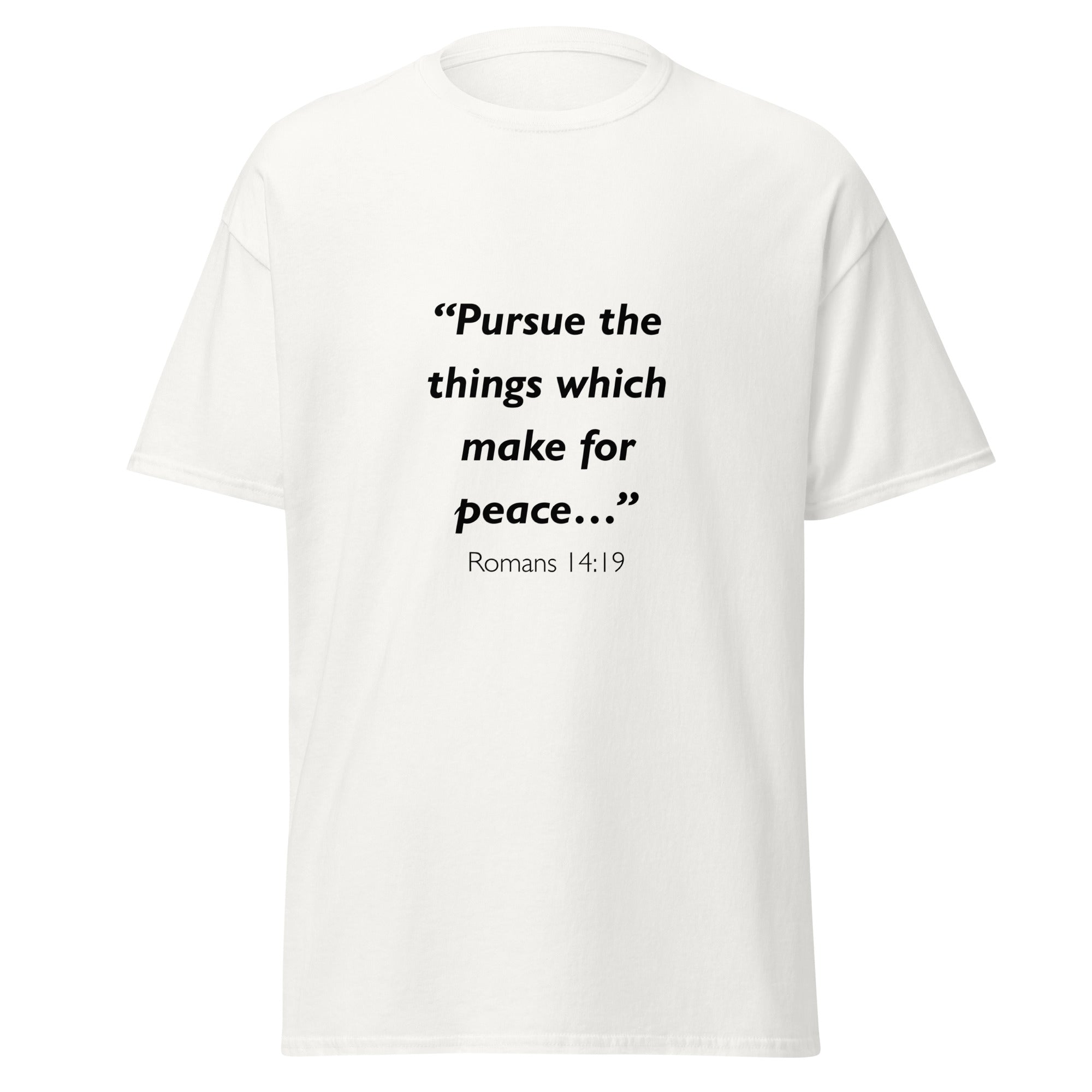 Unisex black t-shirt with Romans 14:19 Bible verse printed across the chest