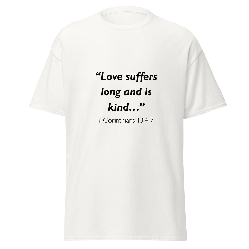 Unisex black t-shirt with 1 Corinthians 13:4-7 Bible verse printed across the chest