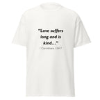 Unisex black t-shirt with 1 Corinthians 13:4-7 Bible verse printed across the chest