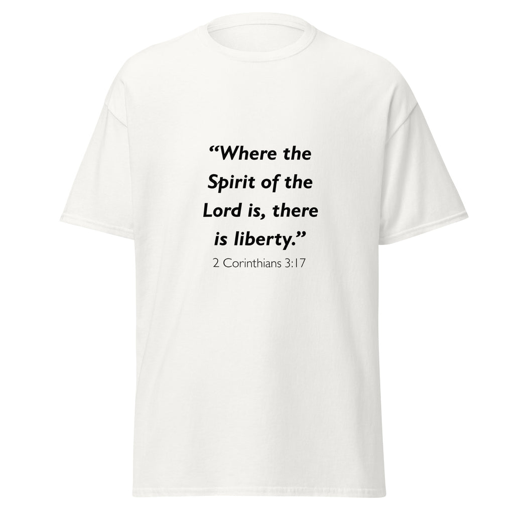 Unisex black t-shirt with 2 Corinthians 3:17 Bible verse printed across the chest
