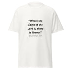 Unisex black t-shirt with 2 Corinthians 3:17 Bible verse printed across the chest